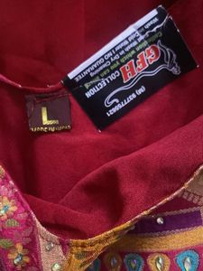 Red plazzo with stone work multi colour top