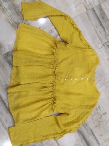 Embroidered Yellow Swiss Dot Peplum Blouse