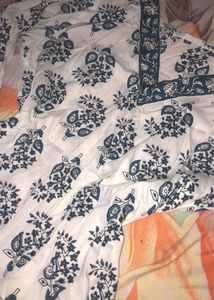 White &amp; Blue Floral Print short Kurta
