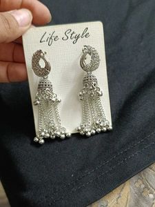 Oxidized Silver Peacock Jhumka Earrings