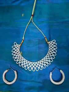 Pearl Choker Necklace &amp; Hoop Earrings Set