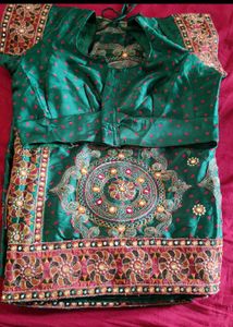 Green Embroidered Saree with Blouse Piece