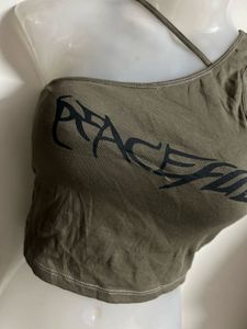 Olive Green One-Shoulder Graphic Top