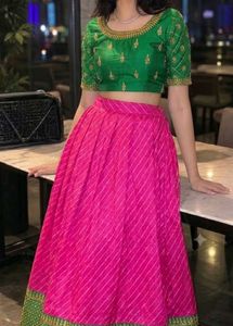 Embellished Green Silk Blouse with pink lehenga