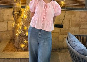 Savana Cute Pink Puff Sleeve Peplum Top