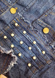 Denim Jacket with Pearls and Brown Pants