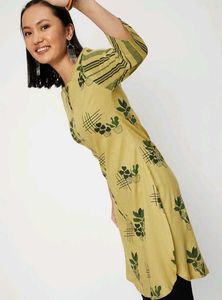 Pale Olive Green Kurta with Potted Plant Print
