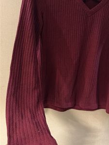 Maroon Ribbed Lattice Neck Top