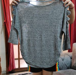 Grey Cold Shoulder Pearl Embellished Top