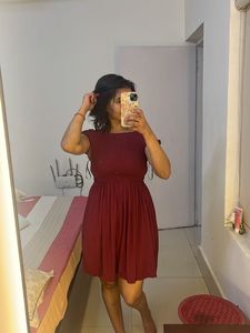 Maroon Off-Shoulder Smocked Dress