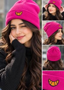Pink Beanie Hat with Croissant Patch