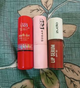 3 Lipsticks + Lip Serum gloss zudio & sugar pop
