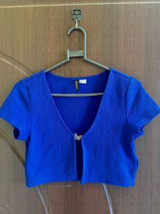 Blue Ribbed Cropped Cardigan with Butterfly Clasp