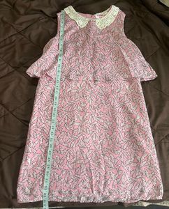 Pink Leaf Print Dress with Lace Collar
