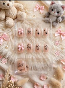Cute Pink Square Press-On Nails  Puppy Paw & Bow D