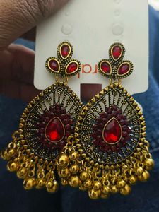 Boho Red Stone Jhumka Earrings Oxidized