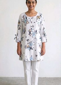 White Floral Print Kurta