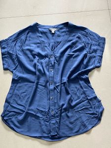 Blue V-Neck Button-Up Blouse