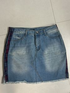 Denim Skirt with Plaid Side Detail