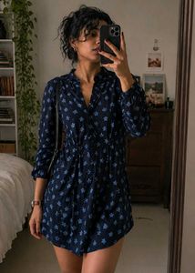 Navy Floral Print Button-Down Dress