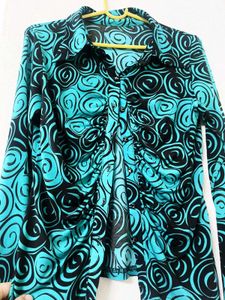 Turquoise & Black Swirl Print Top