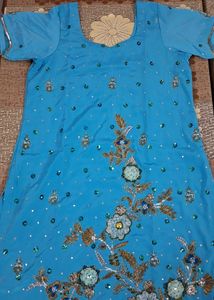 Blue Crepe Suit With Heavy Stone Work