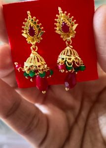 Elegant Gold Jhumka Earrings with Red & Green Ston