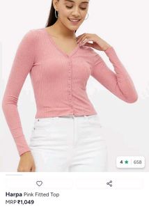 combo of Pink Ribbed V-Neck Button-Up& beige top