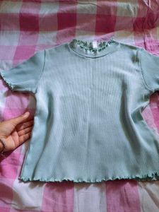 Cute Light Blue Ribbed Lettuce Hem Top