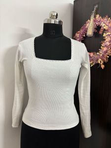 White Ribbed Square Neck Top with Lace Trim
