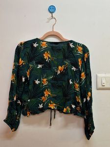 Green Floral Ruched Crop Top