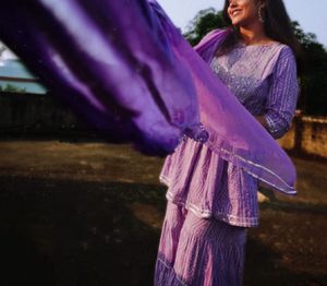 Purple Embroidered Kurta with Sharara and Dupatta