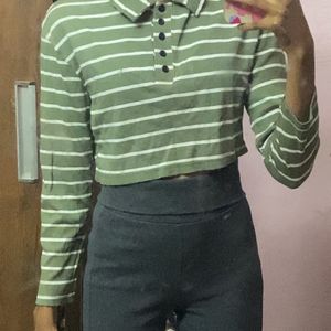 Olive Green Striped Cropped Top