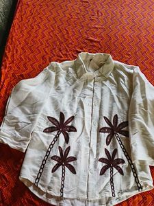 Cream Palm Tree Embroidered Button-Up Shirt
