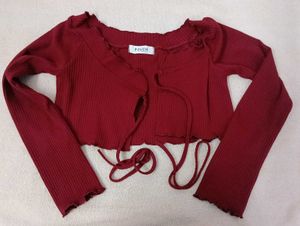 Maroon Ribbed Tie-Up Crop Top