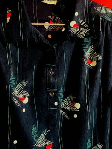 Vintage Patterned Navy Button-Up Top