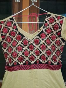 Beige maroon Anarkali kurta and black churidar
