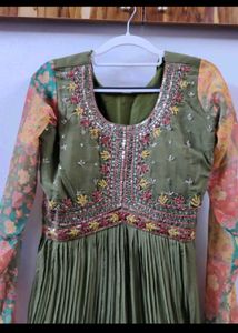 Olive Green Embroidered Anarkali Gown