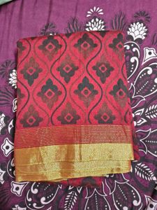 Red &amp; Black Saree with Gold Border