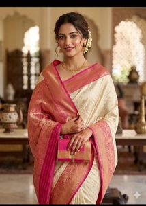 Elegant Cream & Pink Banarasi Silk Saree