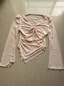 Sheer Ruched Tie-Front Top