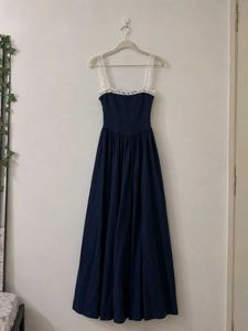 Navy Blue Lace Trimmed Maxi Dress
