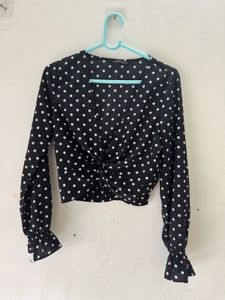 Black Polka Dot Party Crop Top With Front Knot