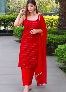 Stunning Red Sequined Kurta Set