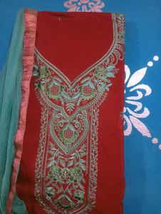 Embroidered Red Kurta n salwar with Dupatta materi
