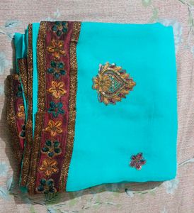 Beautiful Turquoise Embroidered Saree