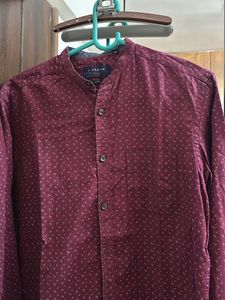 Men's Burgundy Printed Mandarin Collar Shirt