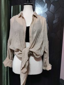 Beige Tie-Front Long Sleeve Shirt