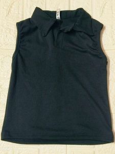 Sleeveless Collared Black Top