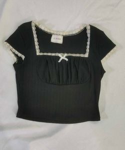Black Lace Trim Square Neck Top